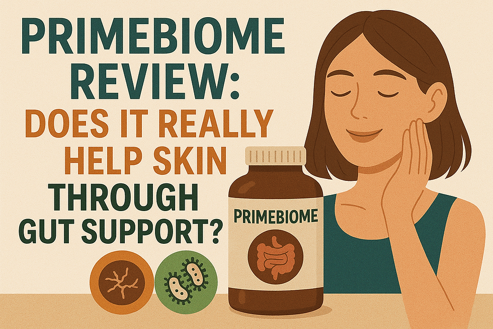 Illustration of a smiling woman with clear skin beside a PrimeBiome supplement bottle, with icons of dry skin, probiotics, and intestines, and bold headline “PrimeBiome Review: Does It Really Help Skin Through Gut Support?”
