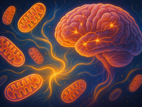 Science-inspired digital illustration showing vibrant mitochondria powering brain neurons with glowing energy flows, representing enhanced brain function at the cellular level.