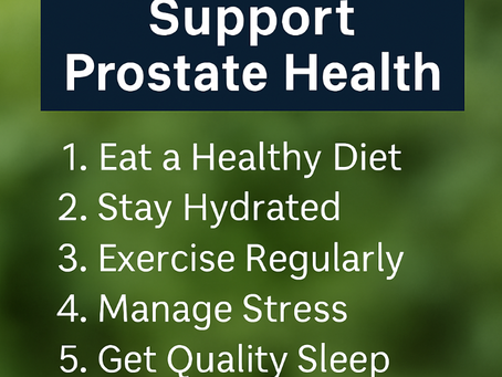 Text listing 7 daily habits for prostate health on a blurred green background. Tips include diet, hydration, exercise, stress management.