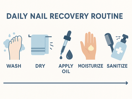 Daily nail routine graphic with icons: wash foot, dry with towel, apply oil, moisturize hand, sanitize with bottle. Blue text on white.