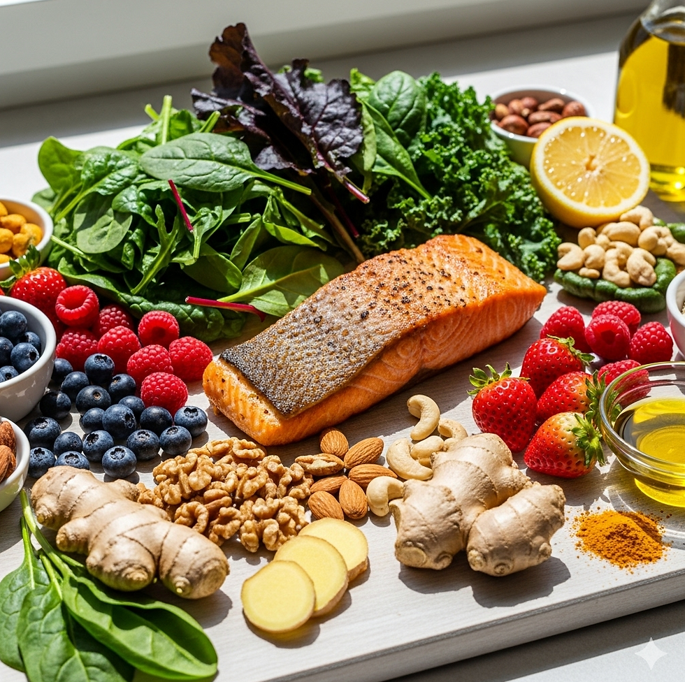 A wooden board with salmon, leafy greens, berries, nuts, ginger, lemon, and oil in sunlight, showcasing a colorful, healthy food spread.