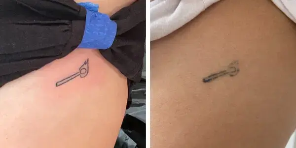 Left to right: Fresh ephemeral tattoo, After 22 months