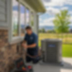 HVAC technician installing a central air conditioning unit on the exterior of a residential home