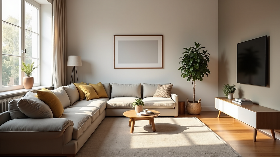 Eye-level view of a cozy living room with natural light and modern decor
