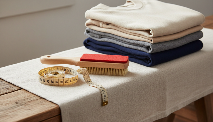 Close-up view of a measuring tape beside folded neutral clothing.