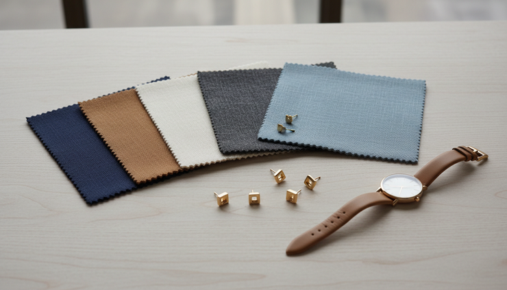 Eye-level view of neutral fabrics arranged beside simple jewelry.
