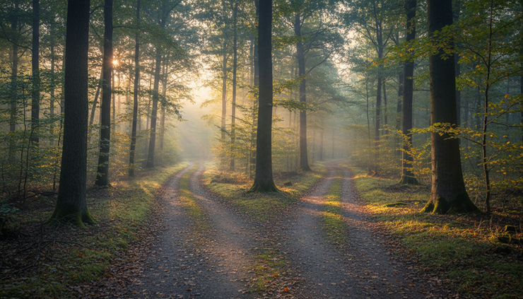 Wide-angle view of two calm forest trails joining into one path.