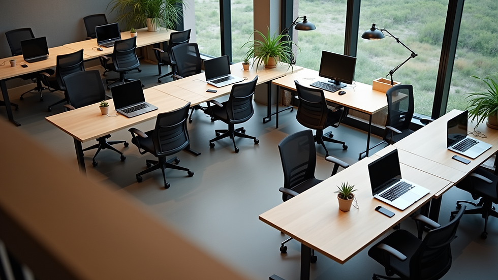 High angle view of a coworking space with desks and laptops