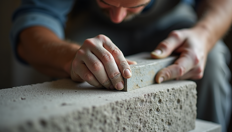 Eye-level view of a stonemason carefully hand-carving a Bath Stone block