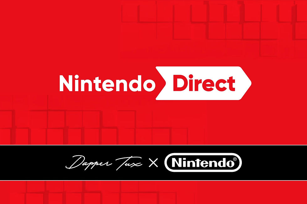 Red background with "Nintendo Direct" in white. Below, "Dapper Tux x Nintendo" is in white on a black banner. Geometric pattern.