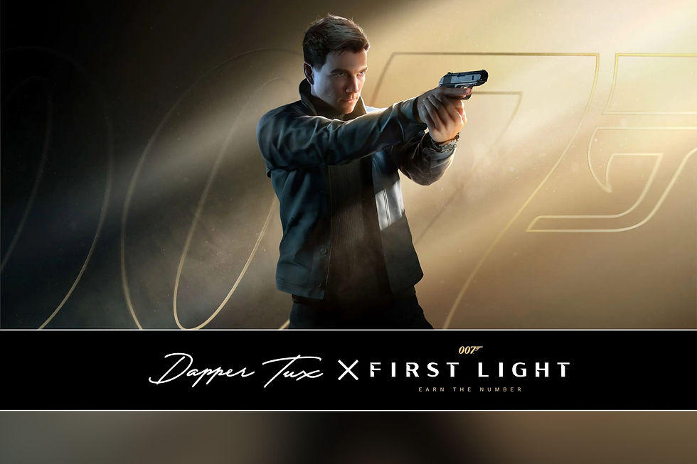 Man aims a gun in a dramatic, shadowy setting with golden light. Text below reads: "Dapper Tux x First Light." Mood is tense and focused.