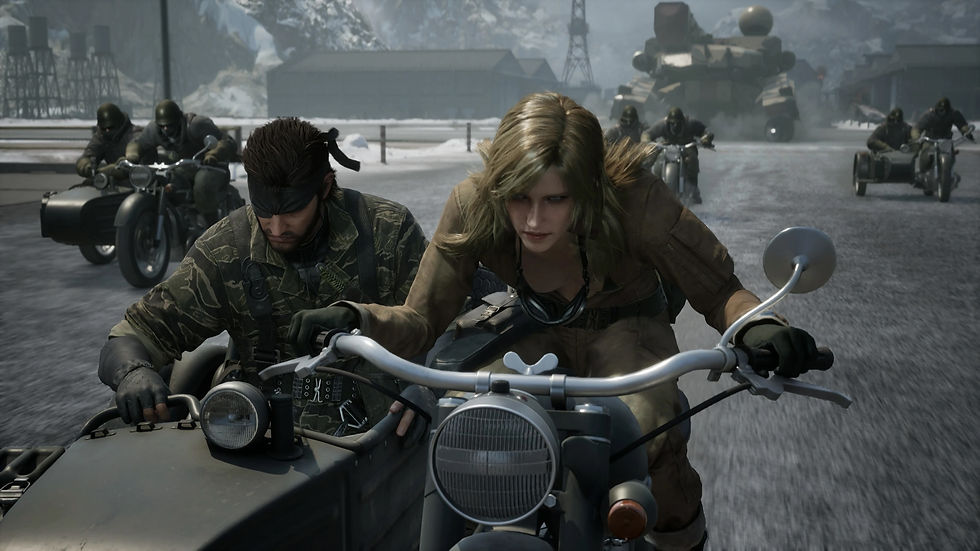 Two people riding a motorcycle with sidecar, chased by others on bikes in a snowy military base. Intense focus, camo and brown attire.