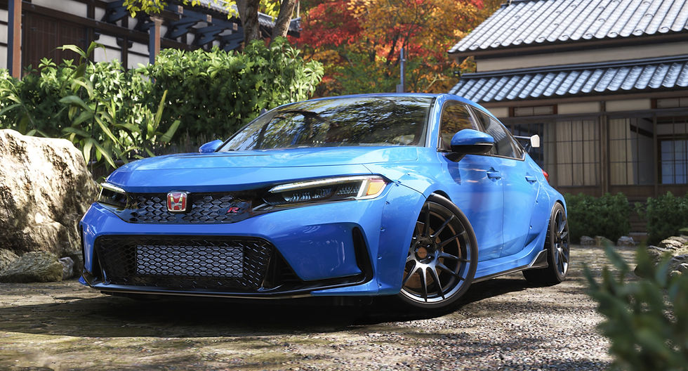 Blue car with a red logo parked in a garden with lush greenery and a traditional house. The mood is peaceful and the setting serene.
