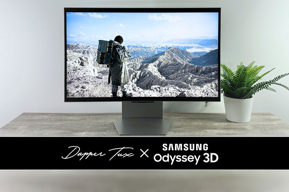 Monitor displays rugged landscape with a backpacker on a desk next to a potted plant. Text: Dapper Tux x Samsung Odyssey 3D.