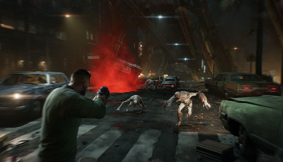 Man aiming a gun at snarling mutants in a dark ruined street, with wrecked cars and a red explosion glowing in the background.