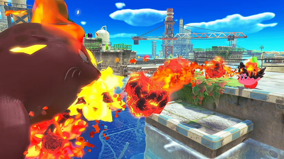 Kirby and the Forgotten Land – Nintendo Switch 2 Edition + Star-Crossed World game screenshot with a pink creature battles fiery beast with lava breath on a stone platform. Bright blue sky and cranes in the industrial background.