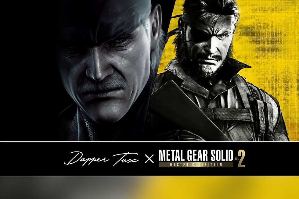 Two stern men on a black-and-yellow Metal Gear Solid poster; text reads Dapper Tux x Metal Gear Solid Vol. 2 Master Collection