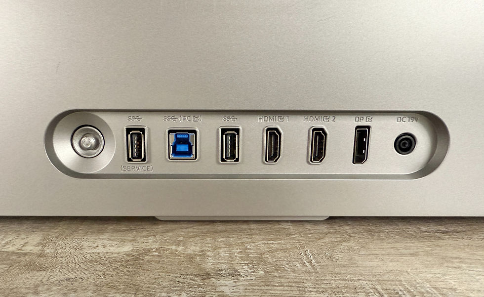 Close-up of the Odyssey 3D Gaming monitor's ports: service, PC USB, HDMI 1, HDMI 2, DP, and DC 19V on a silver back panel. Blue and silver colors dominate.