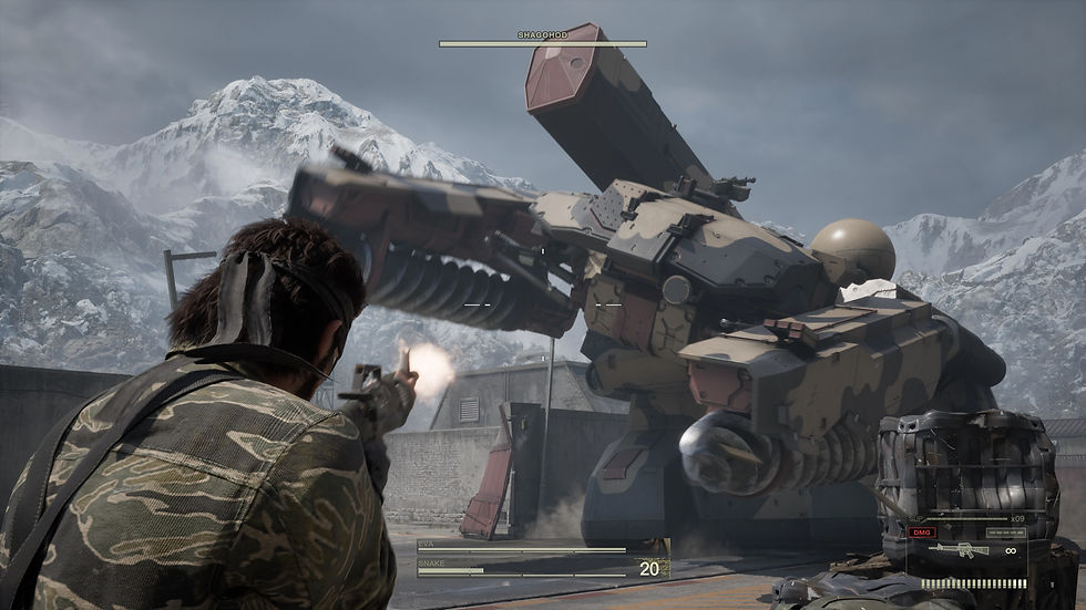 A person in camouflage fires at a large mechanical tank in a snowy mountainous area. The tank, labeled "Shagohod," dominates the scene.