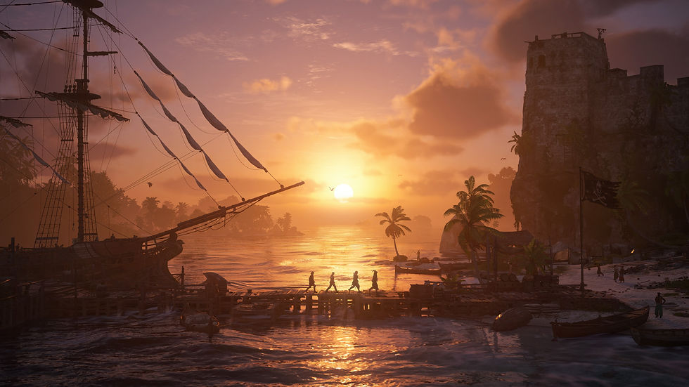 Sunset over a tropical pirate harbor with a ship, silhouetted walkers on a dock, palm trees, and a cliffside fortress.