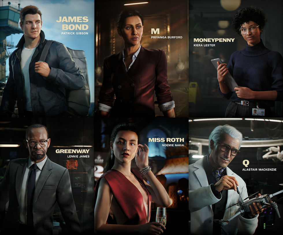 Six characters in styled images with names: James Bond, M, Moneypenny, Greenway, Miss Roth, Q. Various dynamic poses and settings.