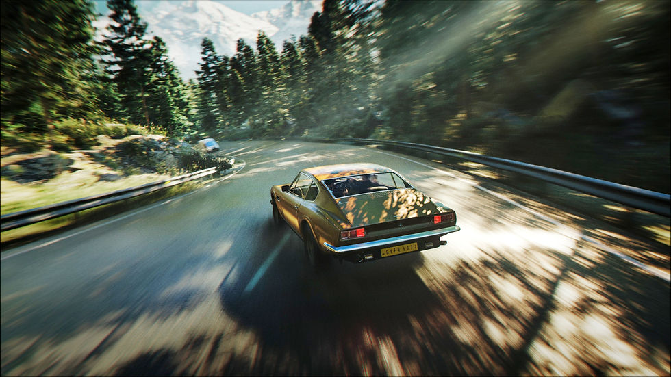 Yellow sports car speeding on a forest road, sunlight filtering through trees, creating dynamic shadows. License plate visible.