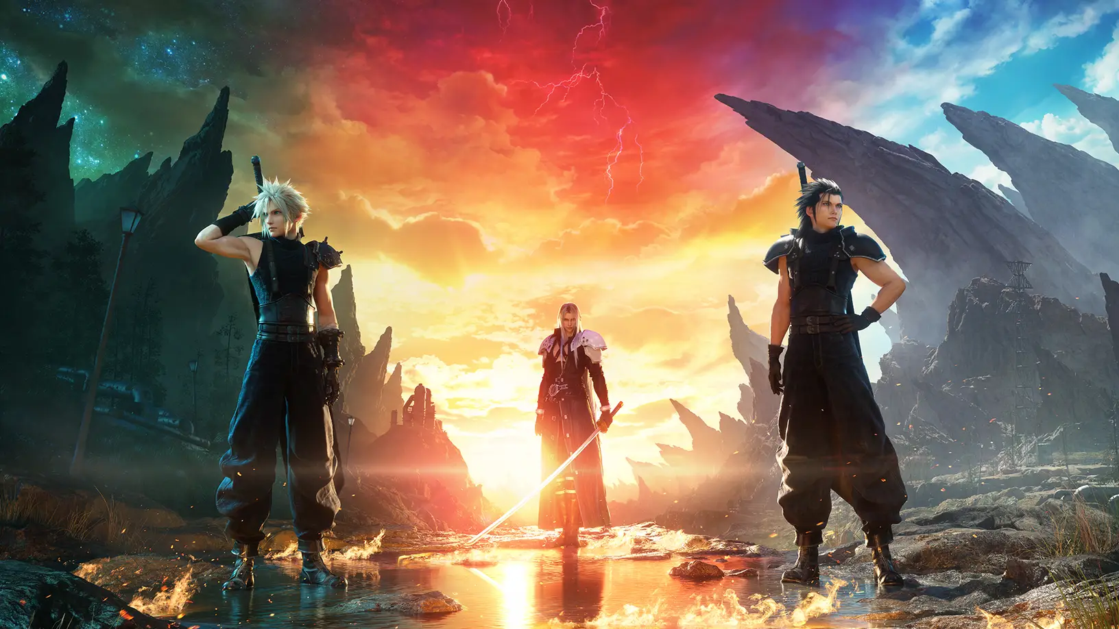 The cover image for Final Fantasy Rebirth with Cloud Strife, Sephiroth and more against a rising sun.