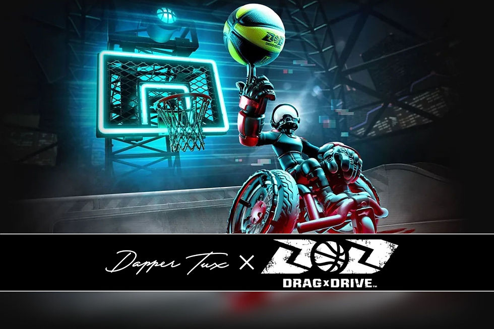Robot on a wheelchair performs basketball trick under neon-lit hoop. Futuristic setting; "Dapper Tux x Drag x Drive" text below.
