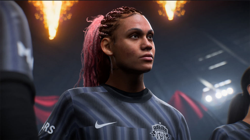 Football player with pink braids in black uniform looks determined. Fireworks and stadium lights illuminate the background.