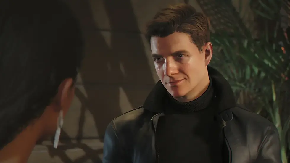 Man in black turtleneck portraying 007 James Bond and leather jacket smirking at a woman with earrings. Background includes green plant shadows and soft lighting.