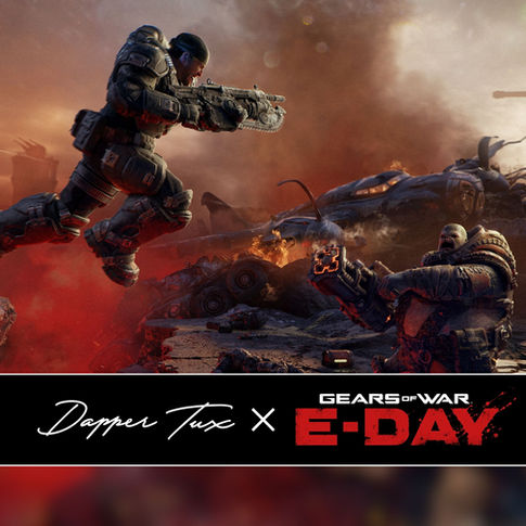 Armored soldiers battle amid explosions and wreckage; Dapper Tux x Gears of War E-Day text below in a smoky orange war scene.