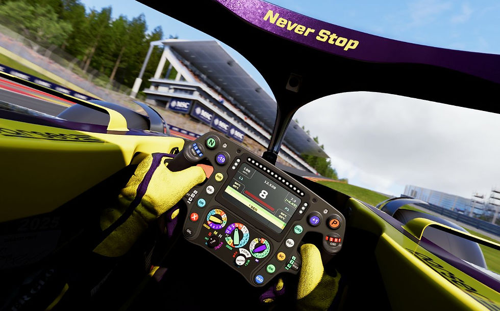 Driver's view inside a race car, hands on a complex steering wheel, track visible ahead with a stand. Text "Never Stop" on purple frame.