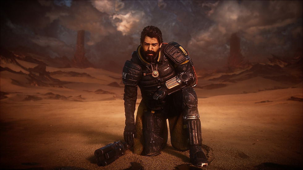 Armor-clad man kneels on a sandy desert, holding a gun. Overcast sky and rocky formations in the background create a tense mood.