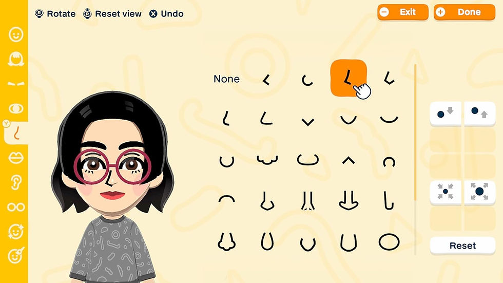Avatar creation screen showing a character with short black hair and red glasses. Various facial features are selectable on a beige background.