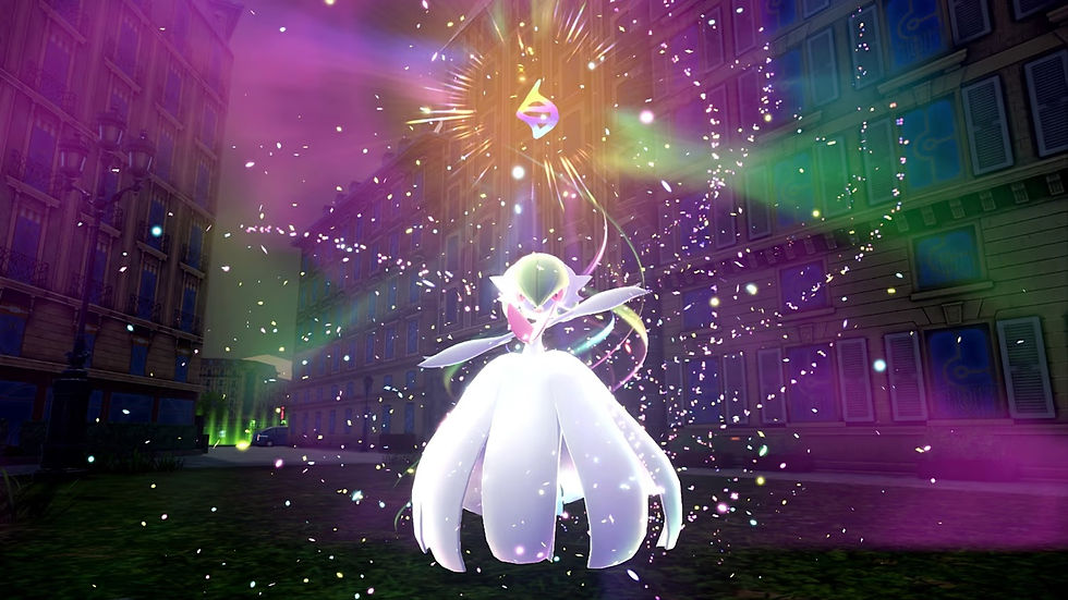 Fantasy creature with white flowing form emits colorful sparkles in a city street. Glowing jewel above, vibrant lights and energy surround.