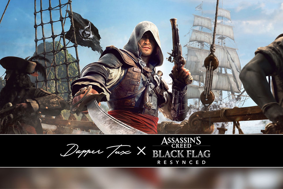 Hooded pirate assassin on a ship holds a pistol and curved blade; pirate flag, sailing ship, and Assassin’s Creed Black Flag Resynced text