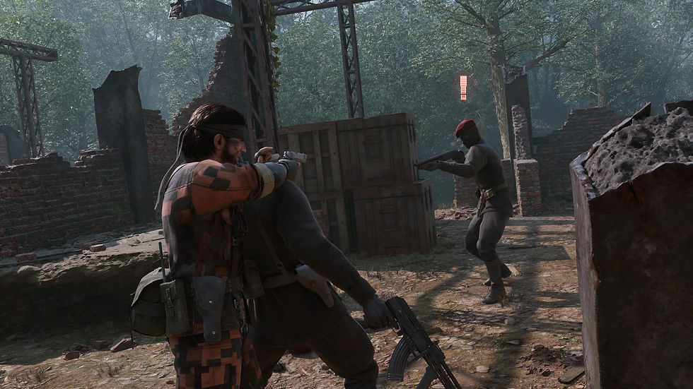 Camouflaged soldier holds another at gunpoint, facing an armed enemy in ruins with trees. Tense mood with earthy tones and shadows.