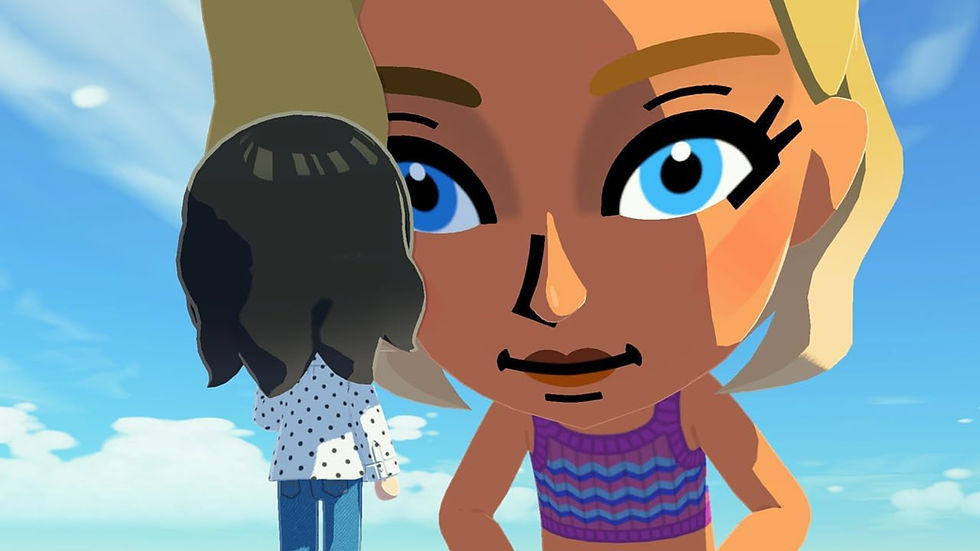 Cartoon characters on a bright day; one with a large face and blue eyes, the other in polka-dot shirt facing away. Sky background.
