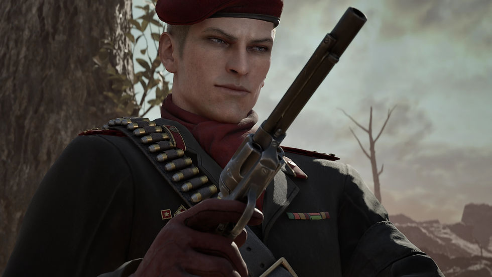 Soldier in a red beret holds a revolver, standing outdoors. He wears a bullet belt and uniform, exuding a serious expression amid a barren landscape.