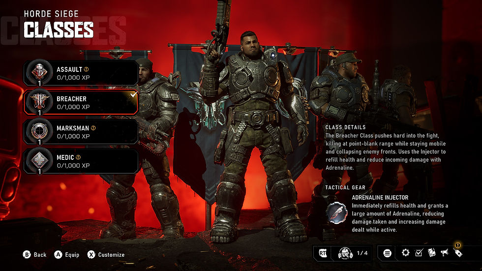 Horde Siege classes menu with four armored soldiers on a red backdrop; Breacher selected, showing class details and Adrenaline Injector.