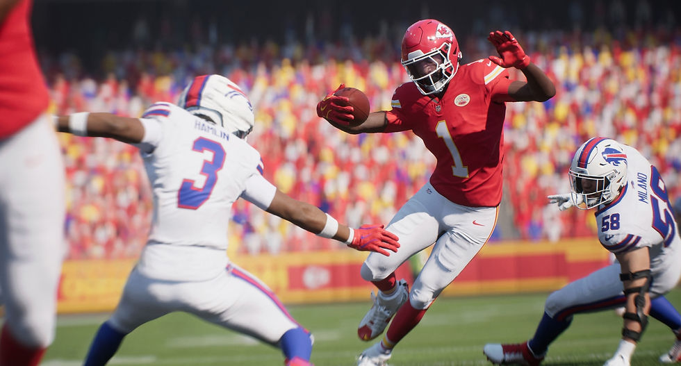 A football player in red leaps to dodge two players in white. The stadium is filled with colorful cheering fans. Text: "3 Hamlin," "58 Milano."