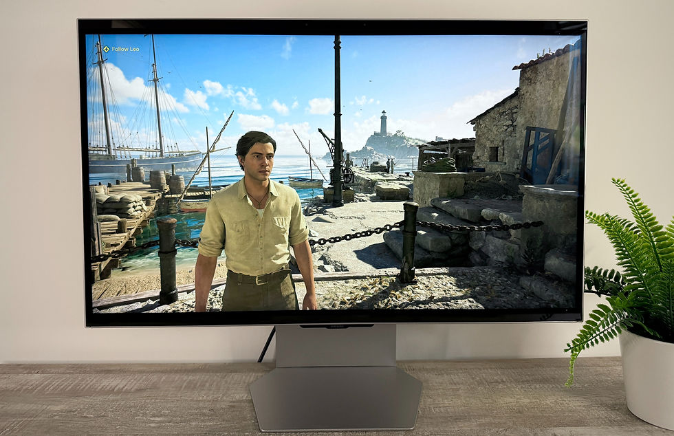 Video game scene on a monitor shows a man in a beige shirt at a sunny harbor with ships. Screen text: "Follow Leo." Fern in foreground.