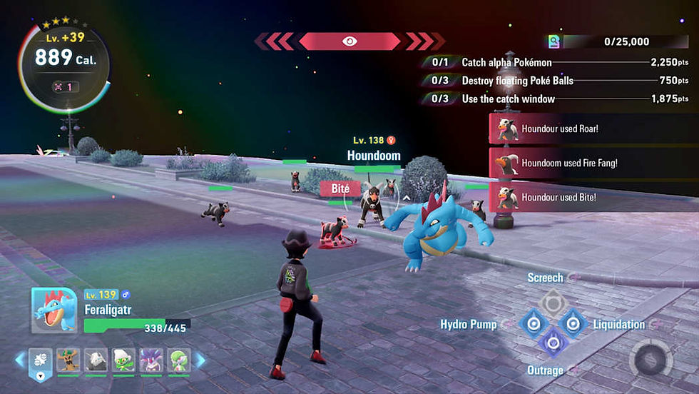A Pokémon game battle with Feraligatr vs. Houndoom. Colorful cityscape at night. Action commands like "Hydro Pump" and "Bite" visible.