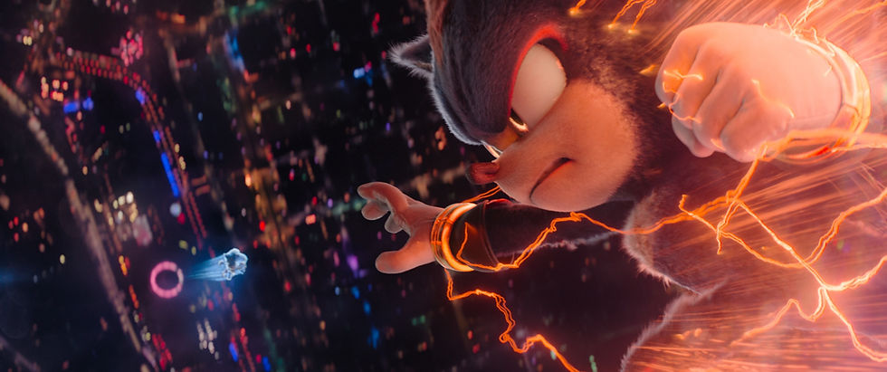 A Sonic the Hedgehog 3 movie screenshot of Sonic punching upward to Shadow over the Tokyo skyline.
