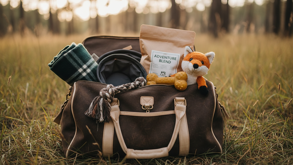 Close-up view of a dog’s packed travel bag with toys and food bowls