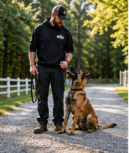 Trainer working with a dog on leash during structured dog training