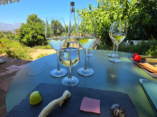 White wine tasting in boschendal with Simonsig mountains in background