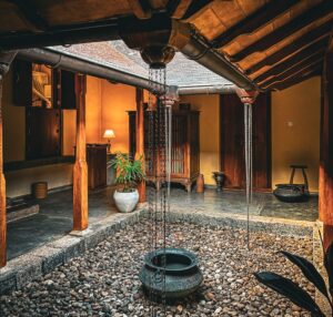 Walled garden with rain chimes 