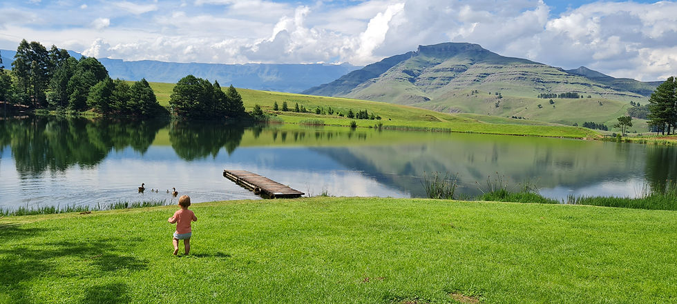 A child running towards ducks on a lake with Drakensberg mountains in background