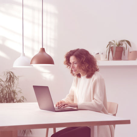 Woman typing on a laptop at a light-colored table, under modern pendant lights. Background has potted plants on a white shelf.
